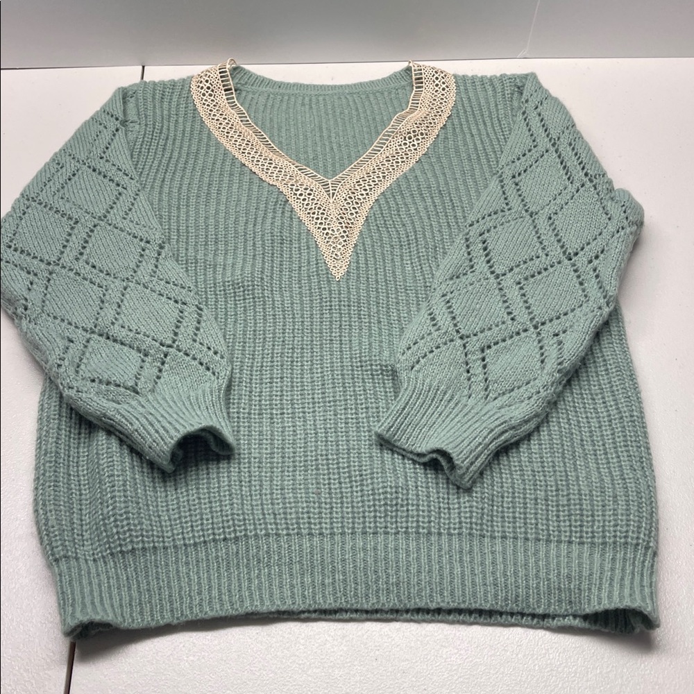 Shein crochet lace collar V neck sweater